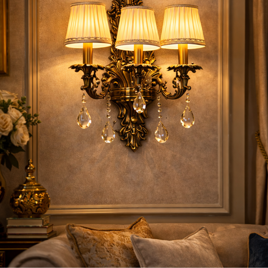 Luxury Antique Gold Crystal Wall Sconce – 3 Light Vintage Decorative Wall Lamp