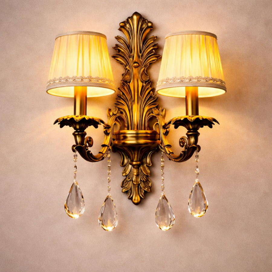 Vintage Antique Gold Crystal Wall Sconce – 2 Light Luxury Decorative Wall Lamp