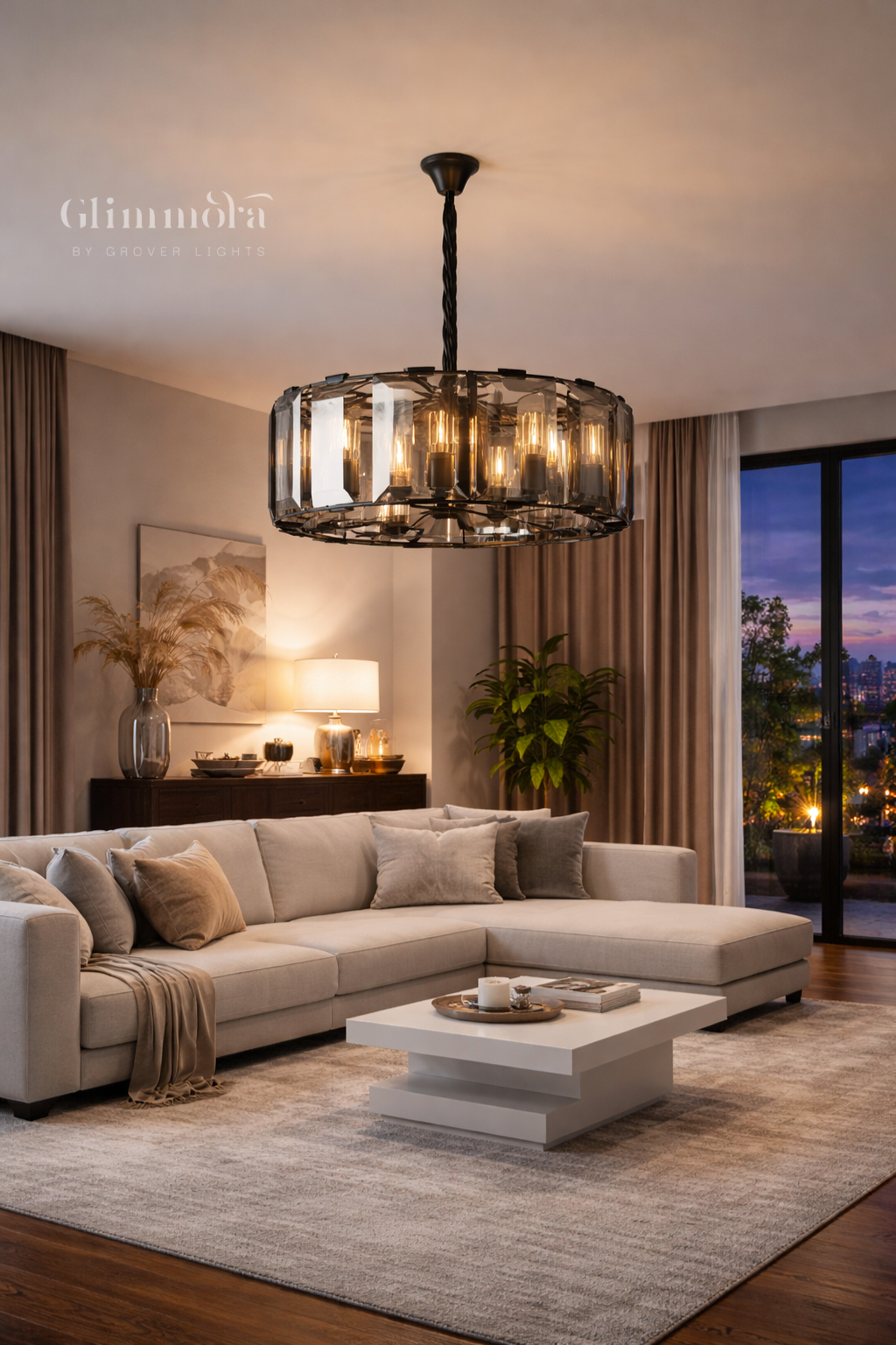 Contemporary Smoke Glass Drum Chandelier in Black Finish
