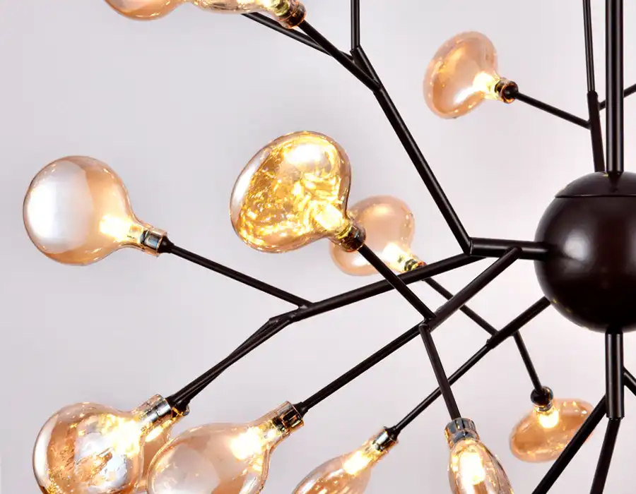 36 Lights Amber/ Smoke Ball Firefly Black Chandelier