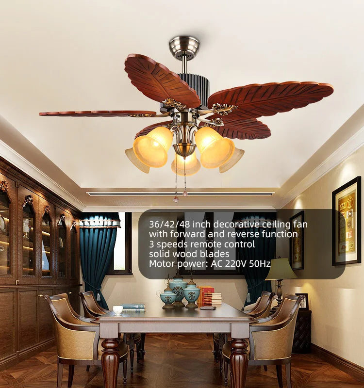 Havana Breeze (48 inches Span, Dark Brown Leaf-Shaped Blades, Frosted Glass Chandelier) Ceiling Fan