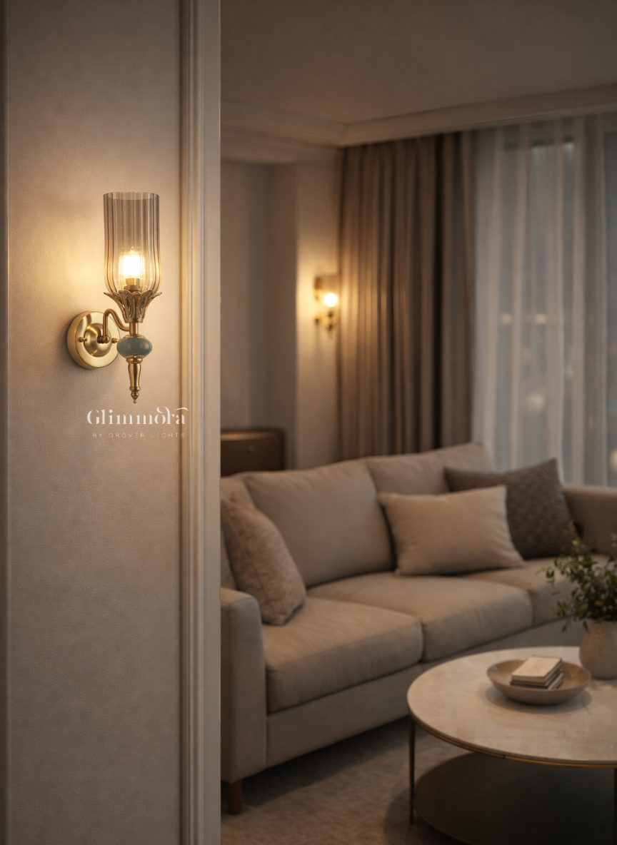 Regal Flute Glass & Brass Finish Wall Sconce – Classic Luxury Wall Light