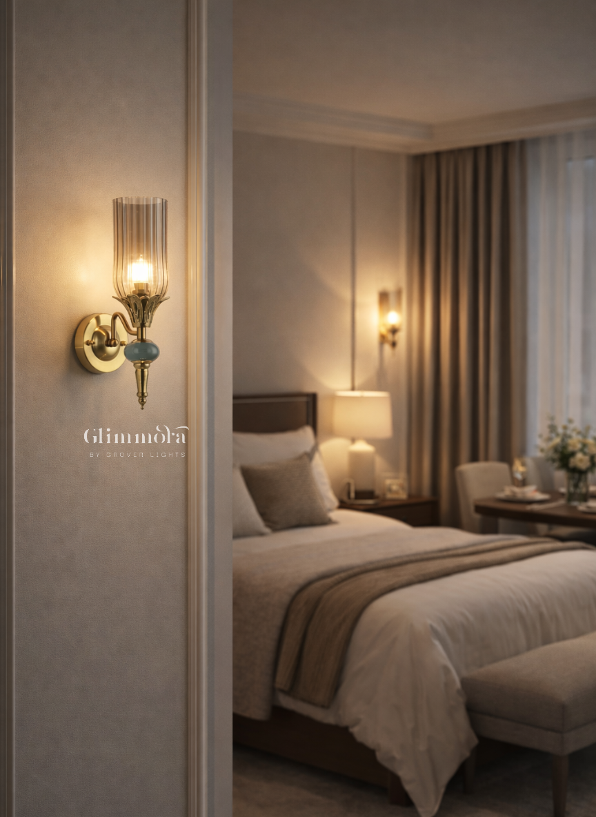 Regal Flute Glass & Brass Finish Wall Sconce – Classic Luxury Wall Light