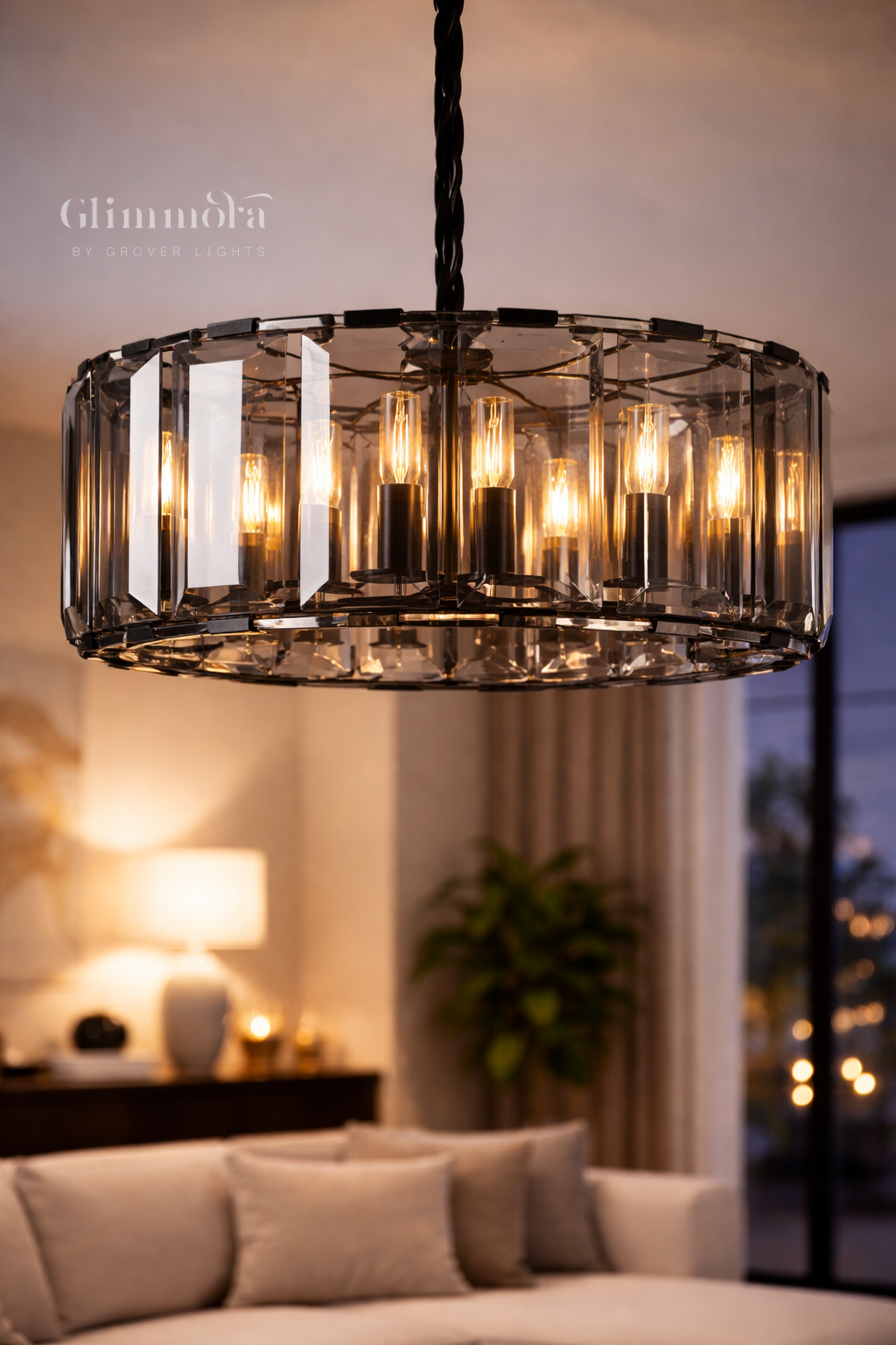 Contemporary Smoke Glass Drum Chandelier in Black Finish