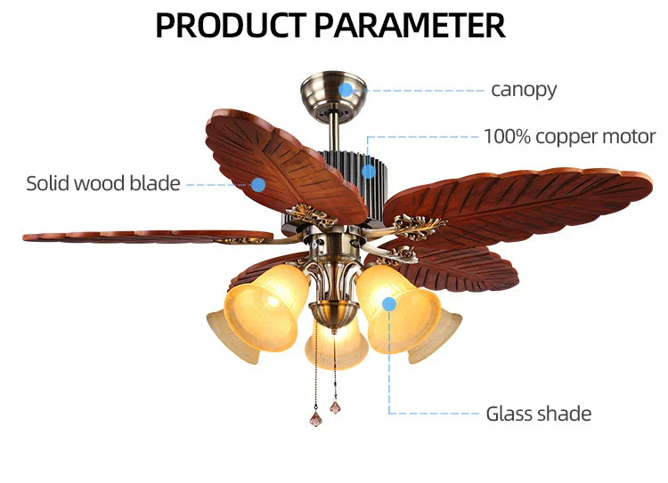 Havana Breeze (48 inches Span, Dark Brown Leaf-Shaped Blades, Frosted Glass Chandelier) Ceiling Fan