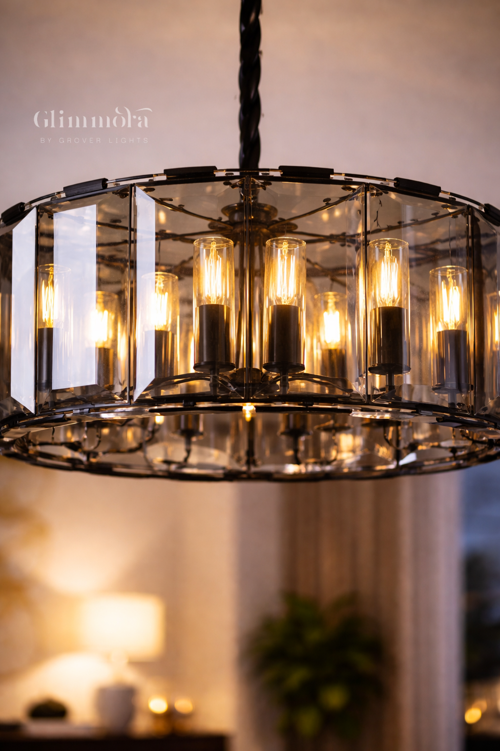 Contemporary Smoke Glass Drum Chandelier in Black Finish