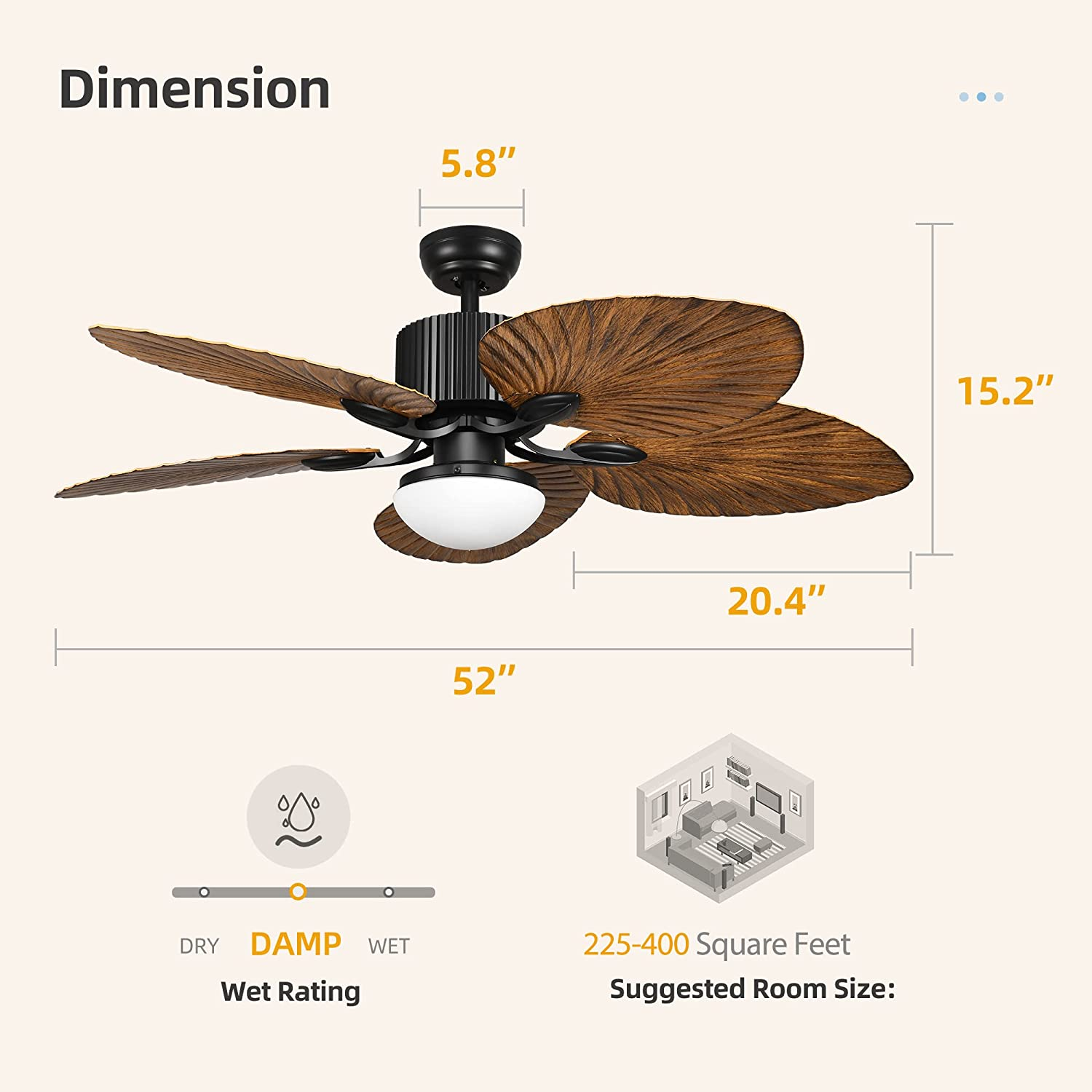 Tropical Ceiling Fan With Led Light And Remote Control