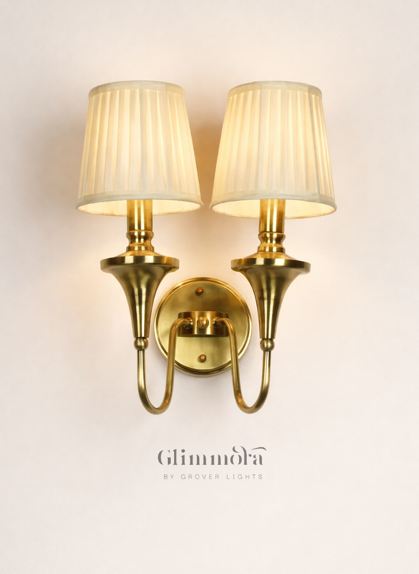 Classic Twin Brass Wall Sconce with Pleated Fabric Shades