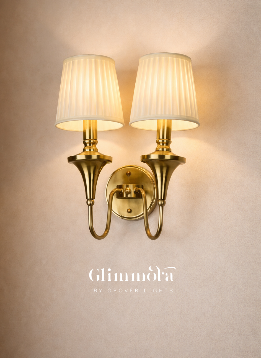 Classic Twin Brass Wall Sconce with Pleated Fabric Shades