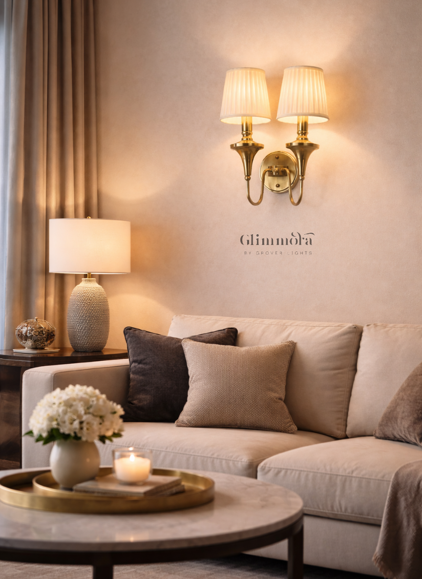 Classic Twin Brass Wall Sconce with Pleated Fabric Shades