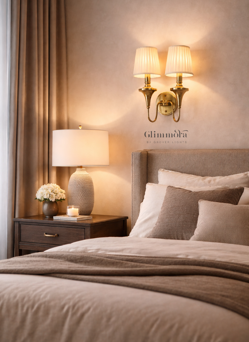 Classic Twin Brass Wall Sconce with Pleated Fabric Shades