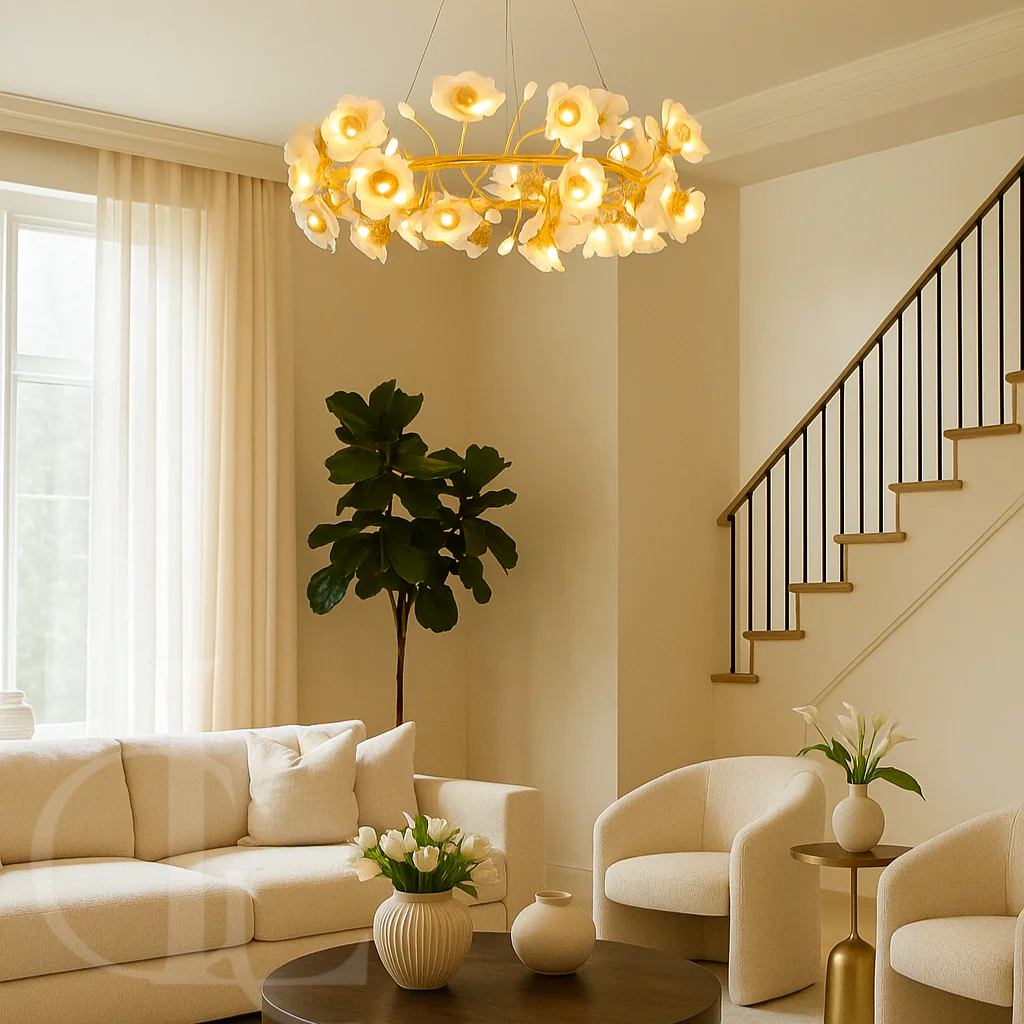 Modern living room with a chandelier, sofa, chairs, and decorative elements.
