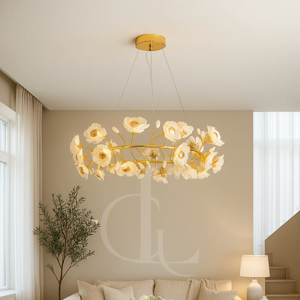 Gold floral chandelier in a living room setting with beige walls and a couch.
