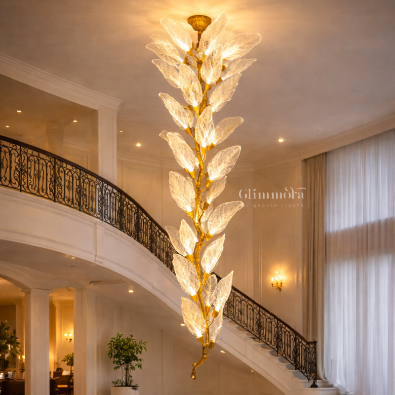 Luxury Crystal Leaf Chandelier – Vertical Designer Hanging Light