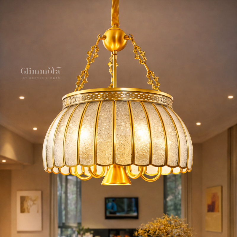 Royal Gold Textured Glass Chandelier – Vintage Dome Hanging Light