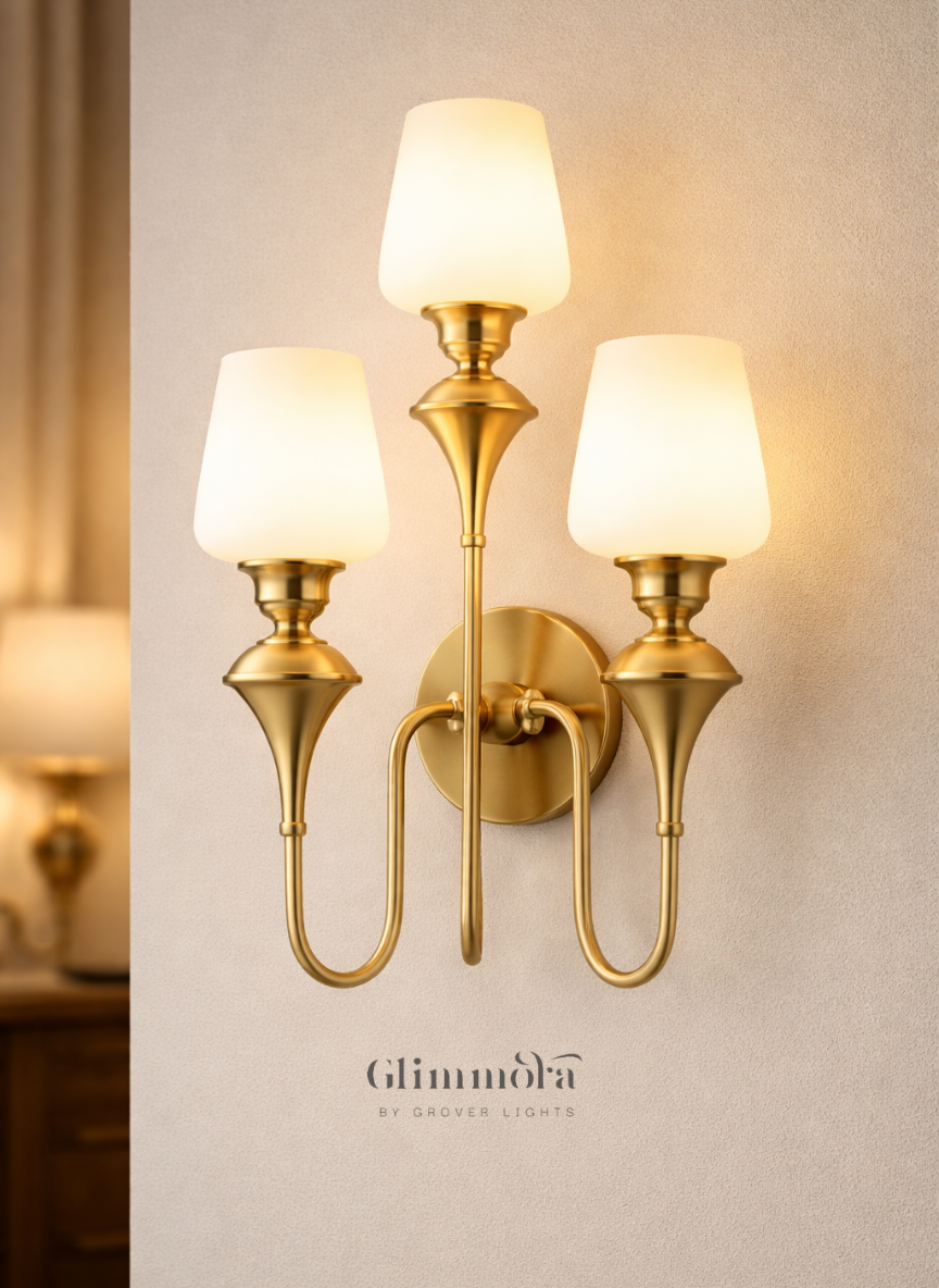 Royal Trio Brass Wall Sconce with Frosted Glass Shades