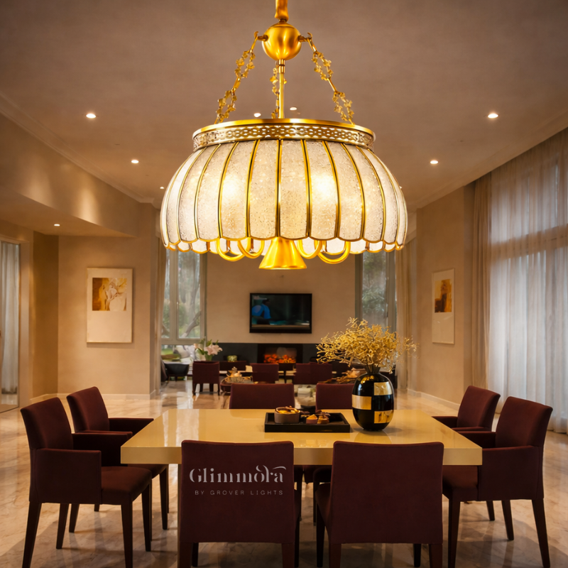Royal Gold Textured Glass Chandelier – Vintage Dome Hanging Light