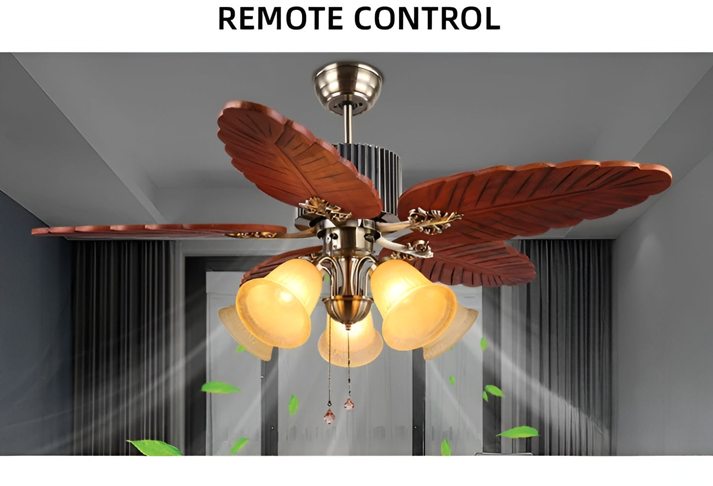 Havana Breeze (48 inches Span, Dark Brown Leaf-Shaped Blades, Frosted Glass Chandelier) Ceiling Fan