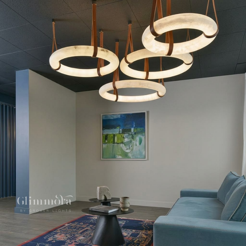 Modern Marble Ring Chandelier with Leather Straps 600MM