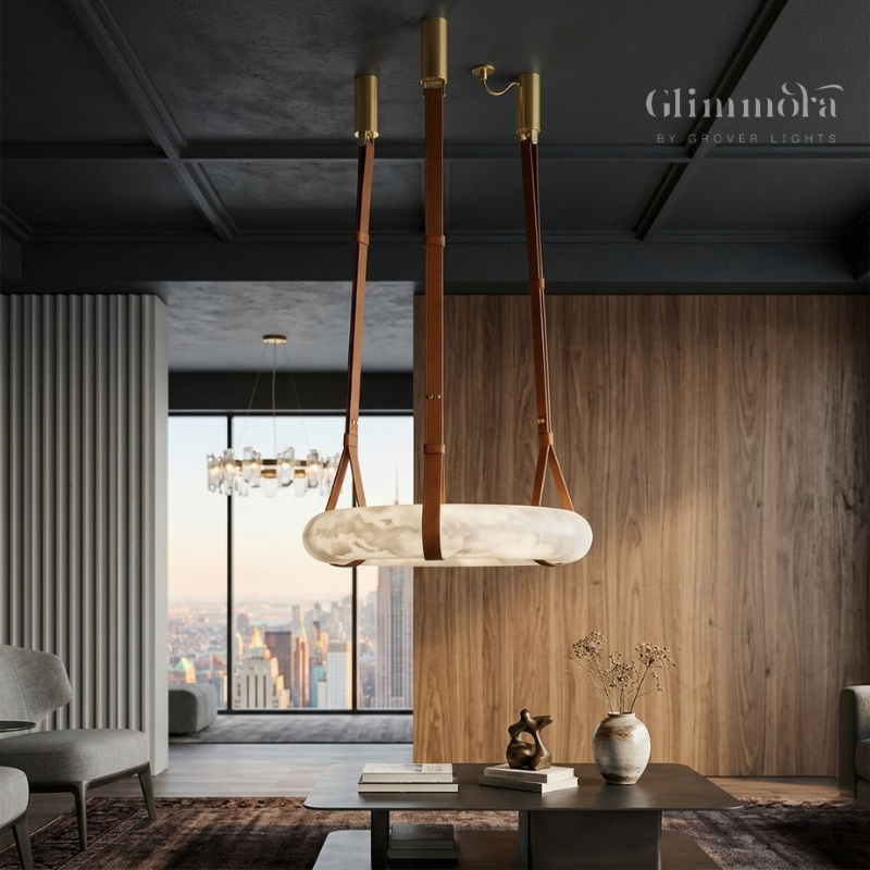 Modern Marble Ring Chandelier with Leather Straps 600MM