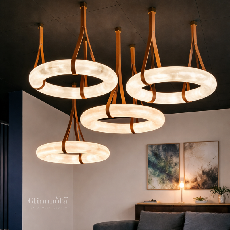 Modern Marble Ring Chandelier with Leather Straps 600MM