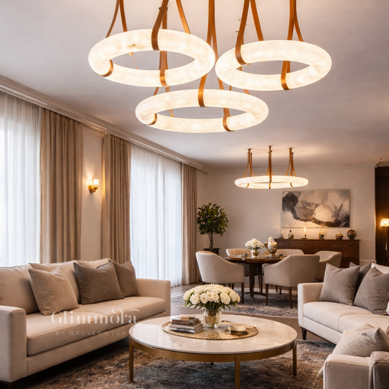 Modern Marble Ring Chandelier with Leather Straps 600MM