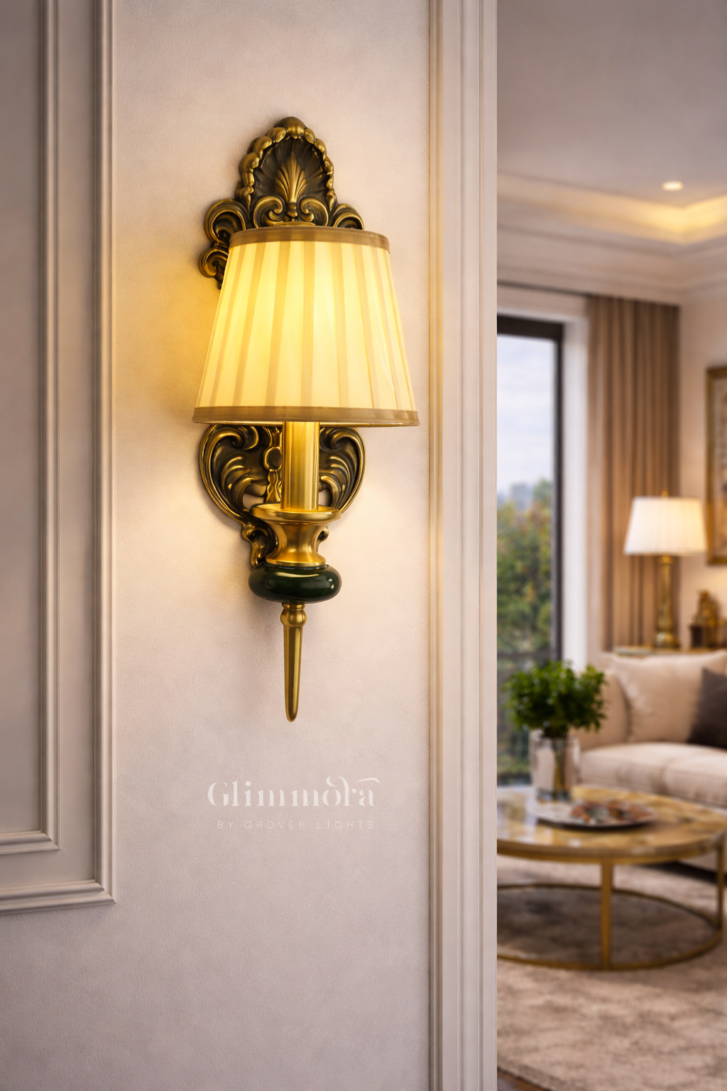 Regal Antique Gold Wall Sconce with Pleated Fabric Shade