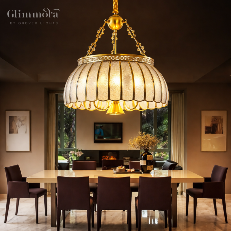 Royal Gold Textured Glass Chandelier – Vintage Dome Hanging Light
