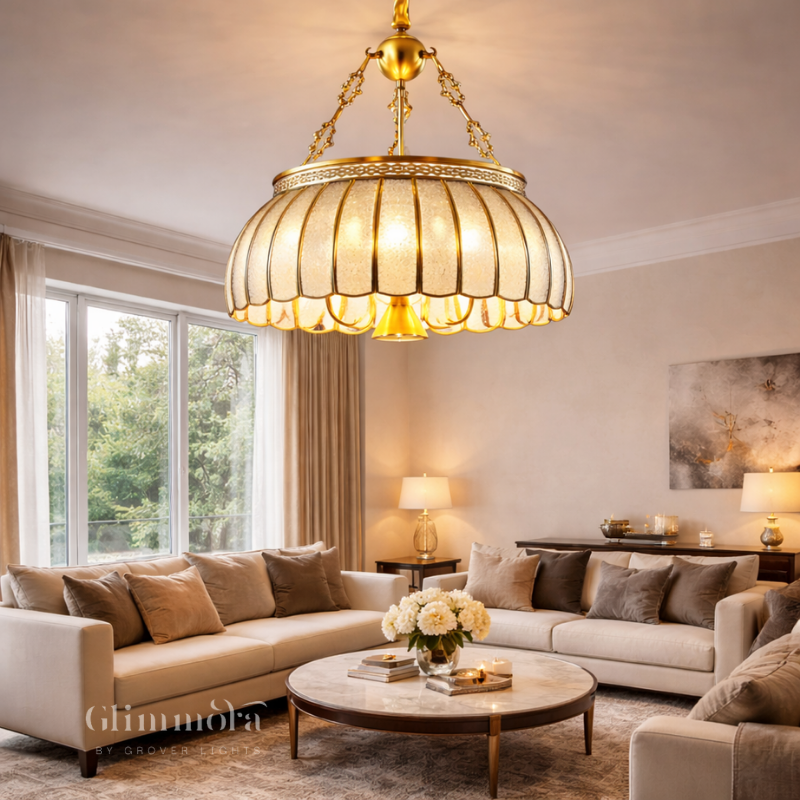 Royal Gold Textured Glass Chandelier – Vintage Dome Hanging Light