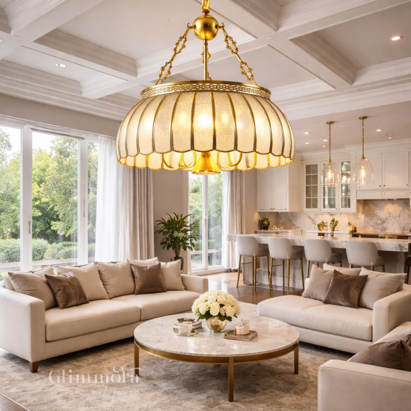 Royal Gold Textured Glass Chandelier – Vintage Dome Hanging Light