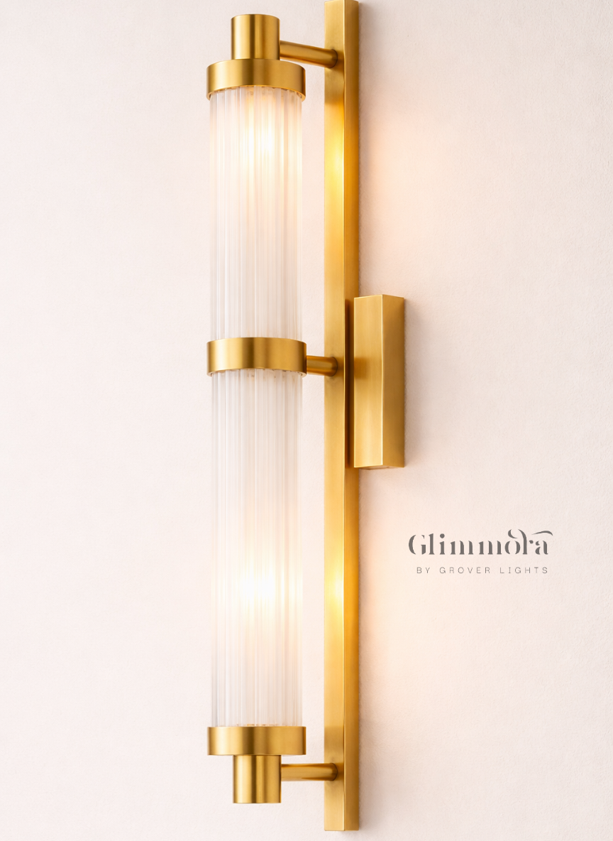 Seneca Luxe Brass Wall Light with Dual Ribbed Glass Tubes