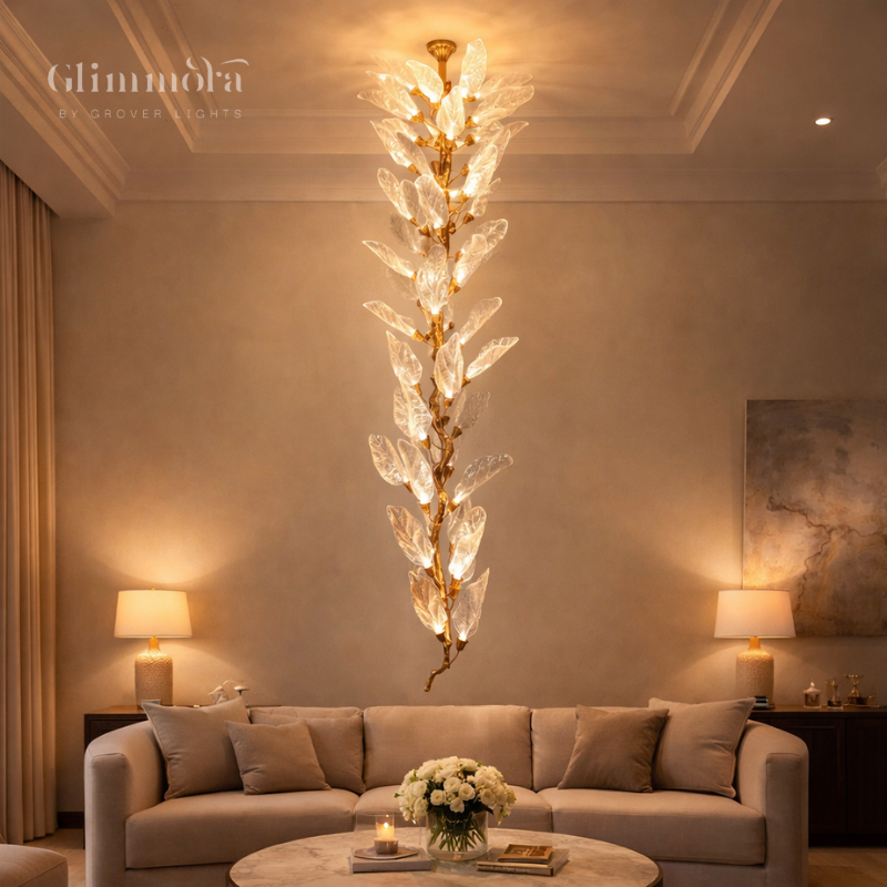 Luxury Crystal Leaf Chandelier – Vertical Designer Hanging Light