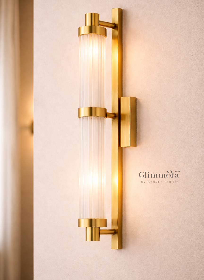 Seneca Luxe Brass Wall Light with Dual Ribbed Glass Tubes