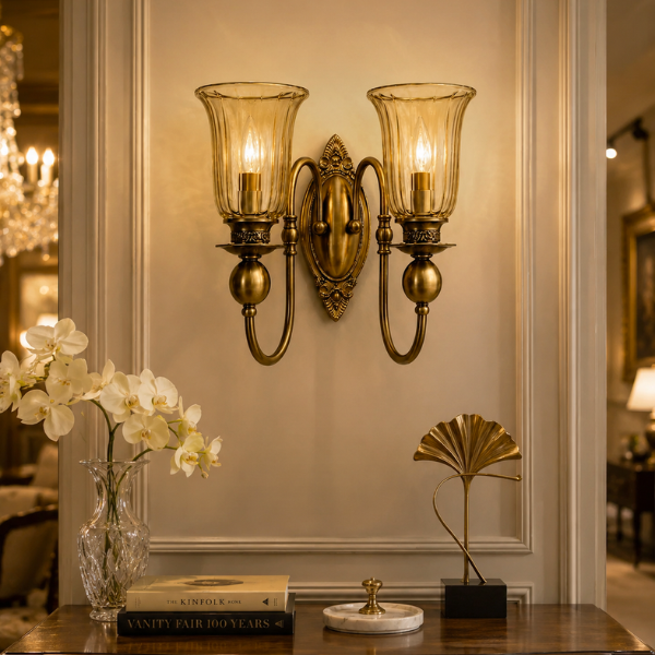 Antique Brass Finish Wall Light with Fluted Glass Shade