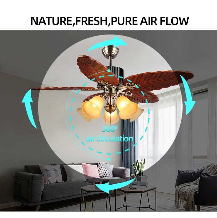 Havana Breeze (48 inches Span, Dark Brown Leaf-Shaped Blades, Frosted Glass Chandelier) Ceiling Fan