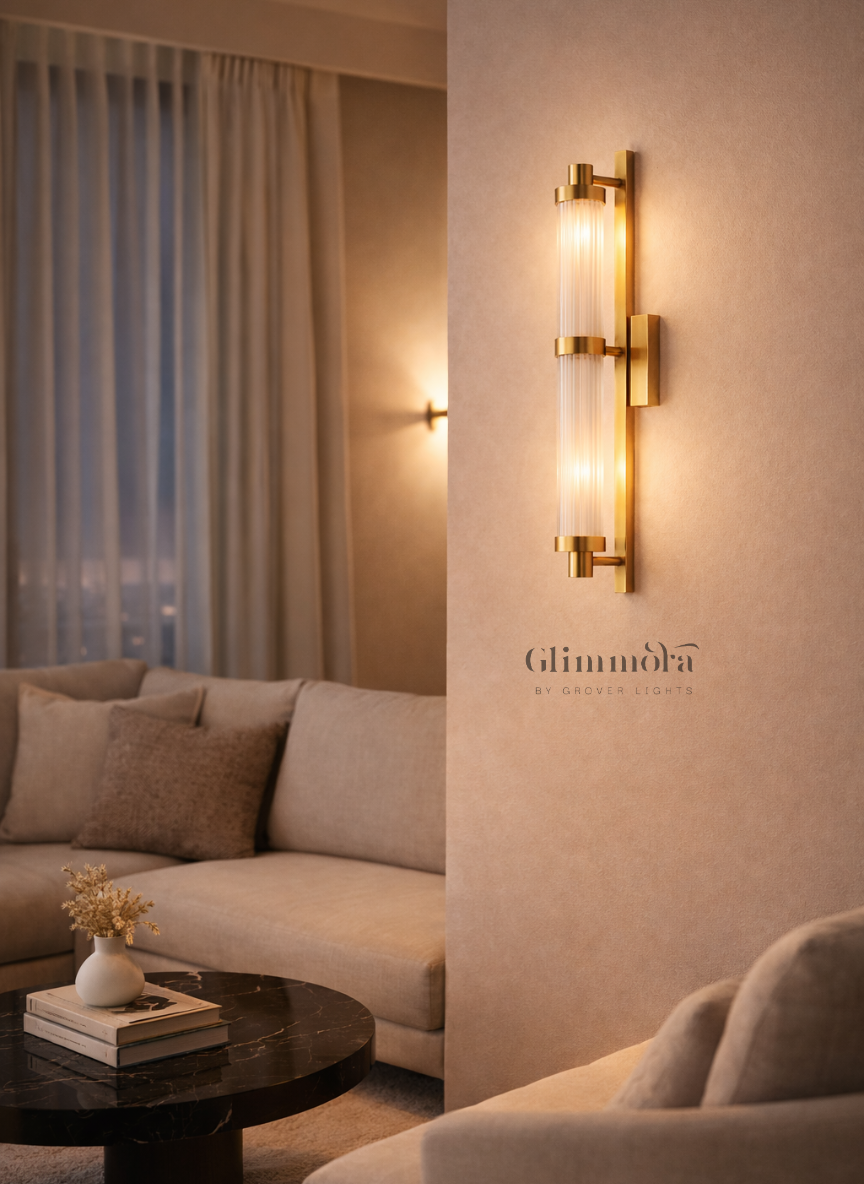 Seneca Luxe Brass Wall Light with Dual Ribbed Glass Tubes