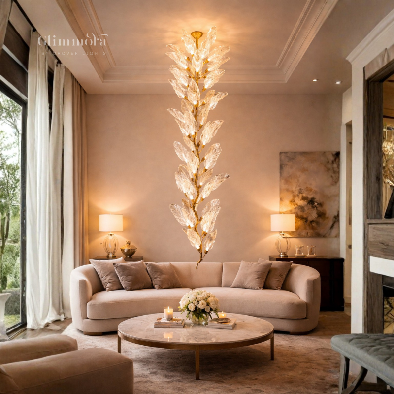 Luxury Crystal Leaf Chandelier – Vertical Designer Hanging Light