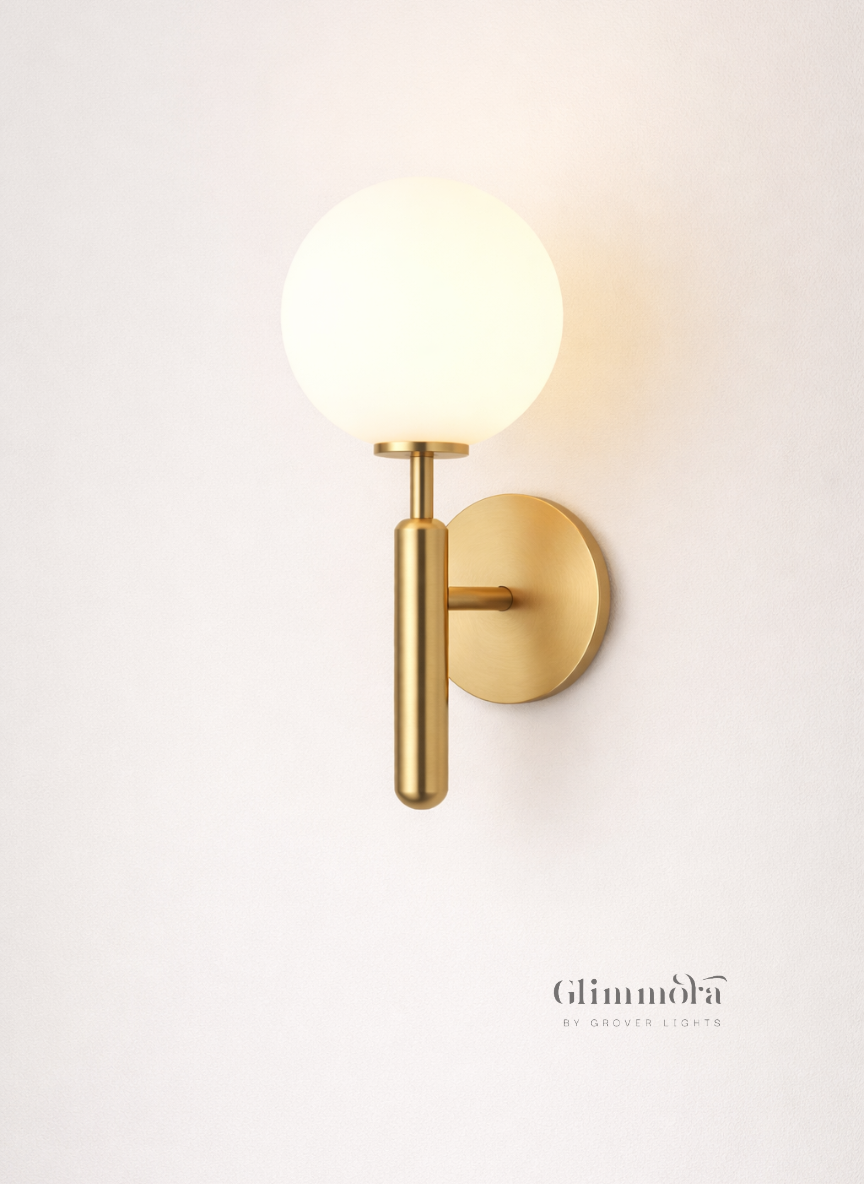 Orb Stem Brass Wall Light with Frosted Globe – Modern Minimal Wall Sconce for Living Room & Bedroom