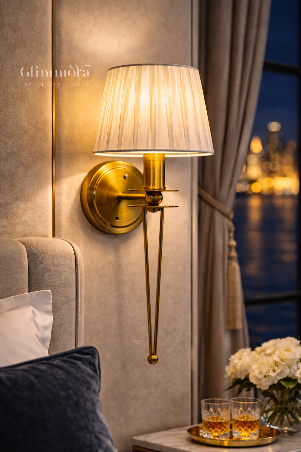 Brushed Brass Wall Sconce with Pleated Fabric Shade