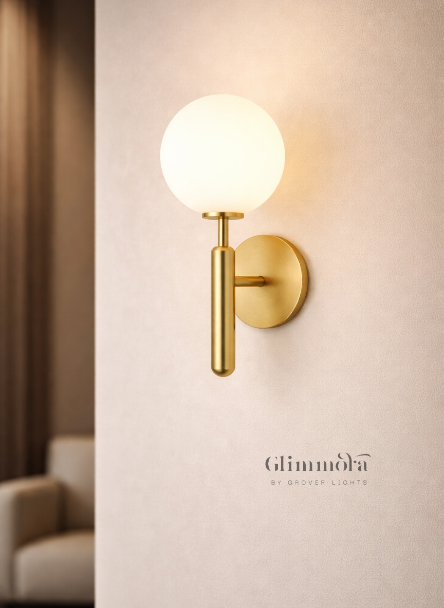 Orb Stem Brass Wall Light with Frosted Globe – Modern Minimal Wall Sconce for Living Room & Bedroom