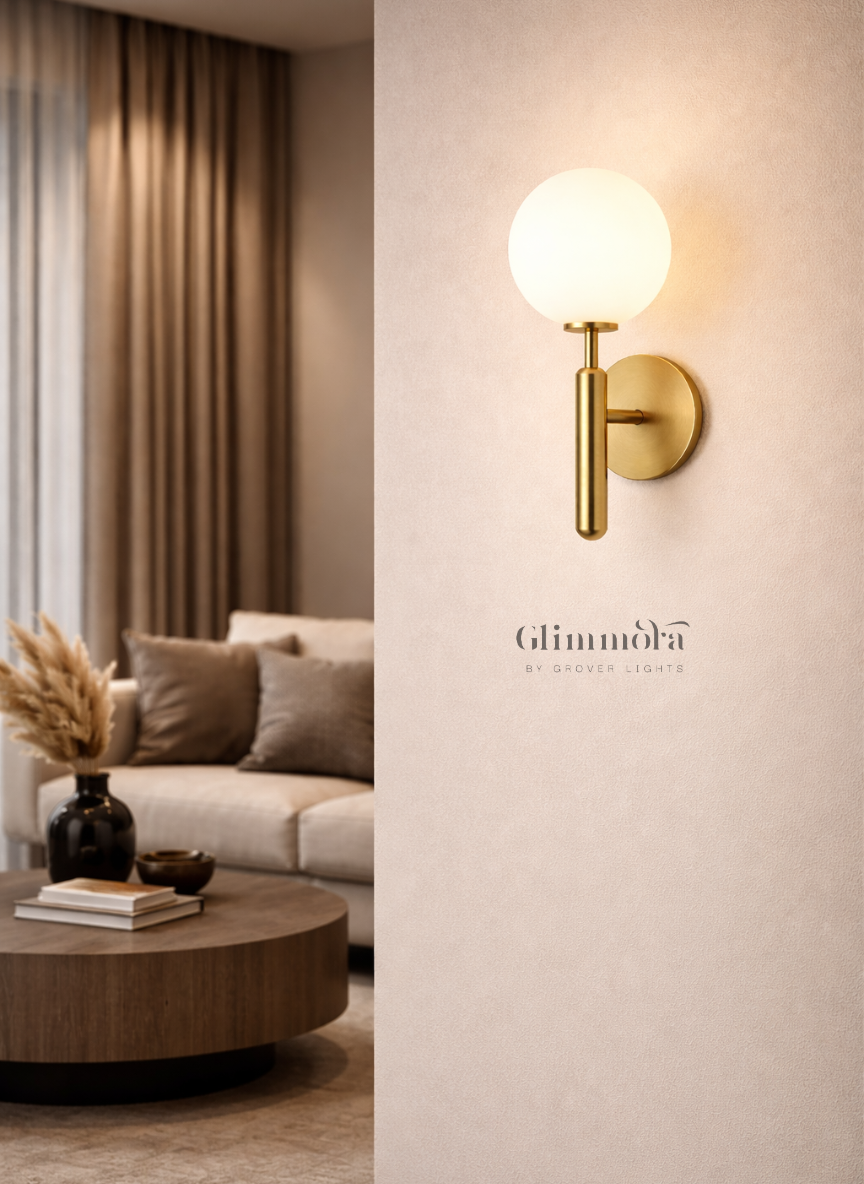 Orb Stem Brass Wall Light with Frosted Globe – Modern Minimal Wall Sconce for Living Room & Bedroom