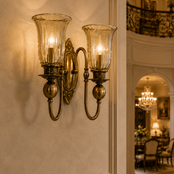 Antique Brass Finish Wall Light with Fluted Glass Shade