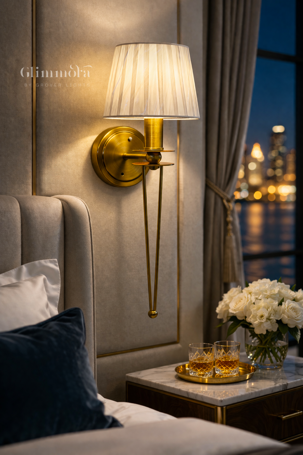Brushed Brass Wall Sconce with Pleated Fabric Shade