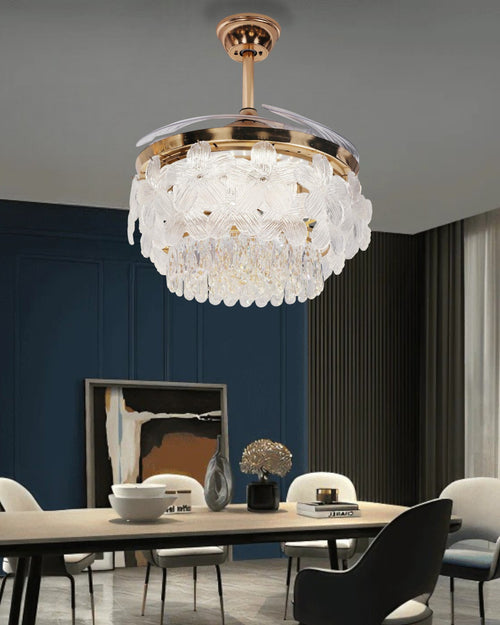 Crystal Floral Retractable Ceiling Fan + Chandelier Light (with Remote Control)