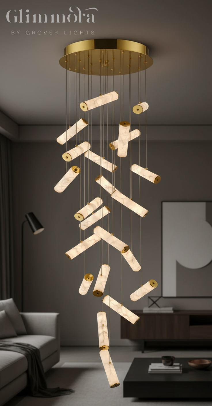22 Lights Imperial Marble Tube Double Height Stair Chandelier