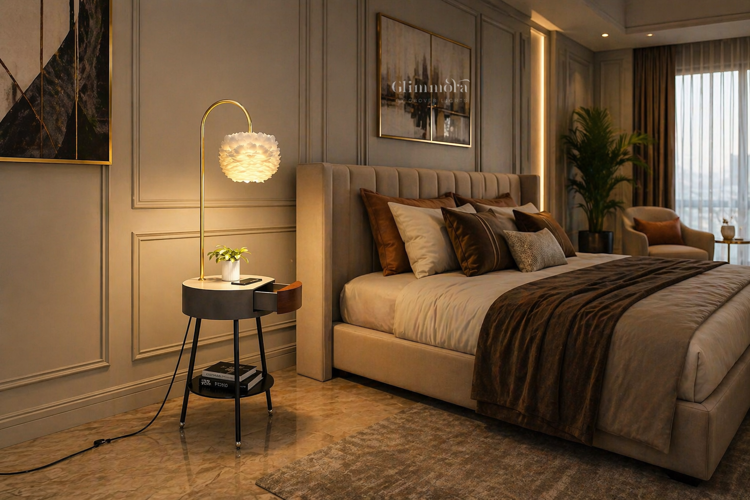 Aura Side Table Floor Lamp Modern Arc Lamp with Storage