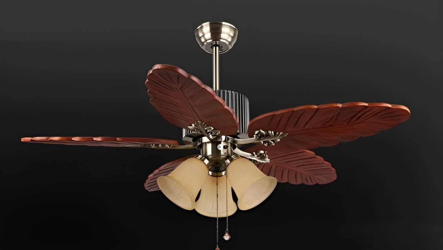 Havana Breeze (48 inches Span, Dark Brown Leaf-Shaped Blades, Frosted Glass Chandelier) Ceiling Fan