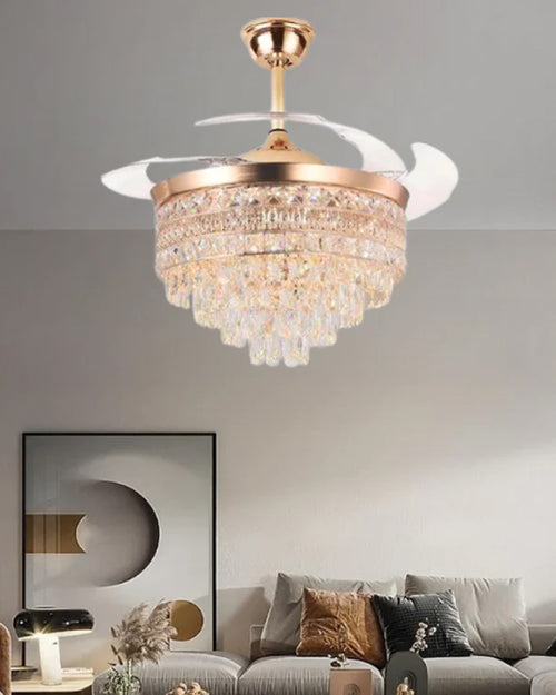 Crystal Cascade Retractable Ceiling Fan + Chandelier Light (with Remote Control)
