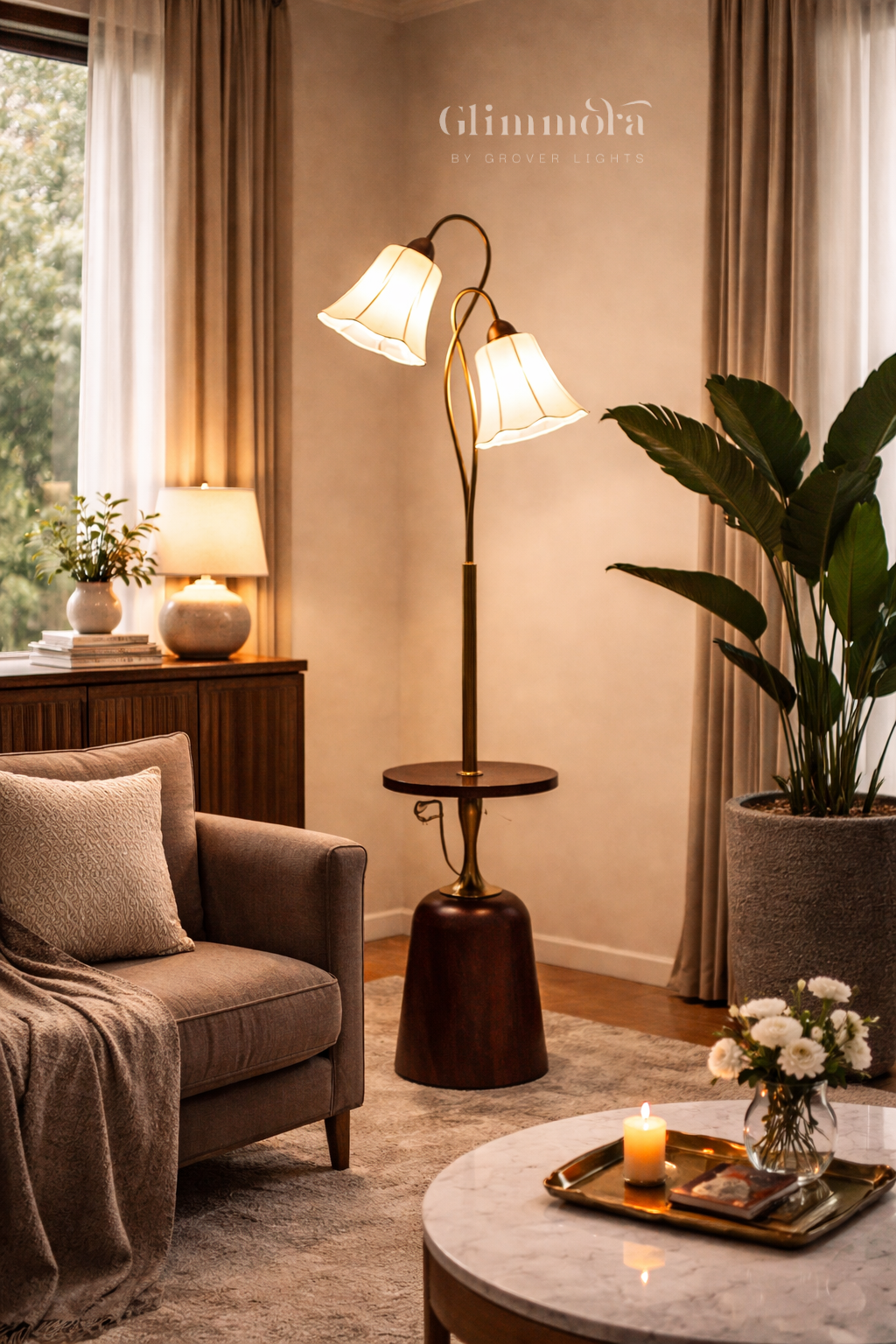 Luxury Dual Shade Floor Lamp with Built-In Side Table (Gold & Wood Finish)