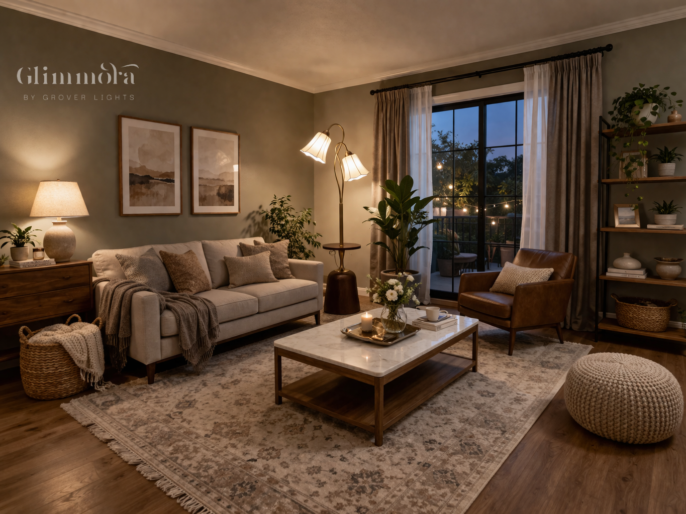 Luxury Dual Shade Floor Lamp with Built-In Side Table (Gold & Wood Finish)